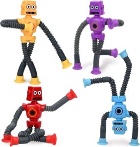 LED Pop Tubes Robot Fidget Toys set of 4, Sensory Fidget Robot Toys, Telescopic Suction Cup Robotics Toys, ADHD Autism Robotic Fidget Toys for kids 3-7, Fun Suction Cup Toys for Boys & Girls, Bend | Global Value Items